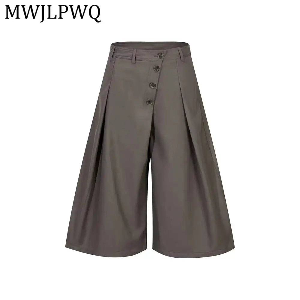 MWJLPWQ Diagonal Buttons Stylish Men's Cropped Shorts Trendy Solid Color Pleated Casual Loose Wide-Leg Pants For Summer 17098