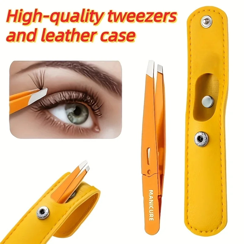 Professional Stainless Steel Tweezers for Eyebrows Eyelids & Facial Hair Removal Slant Tip Beauty Tool with Storage Bag Gifts