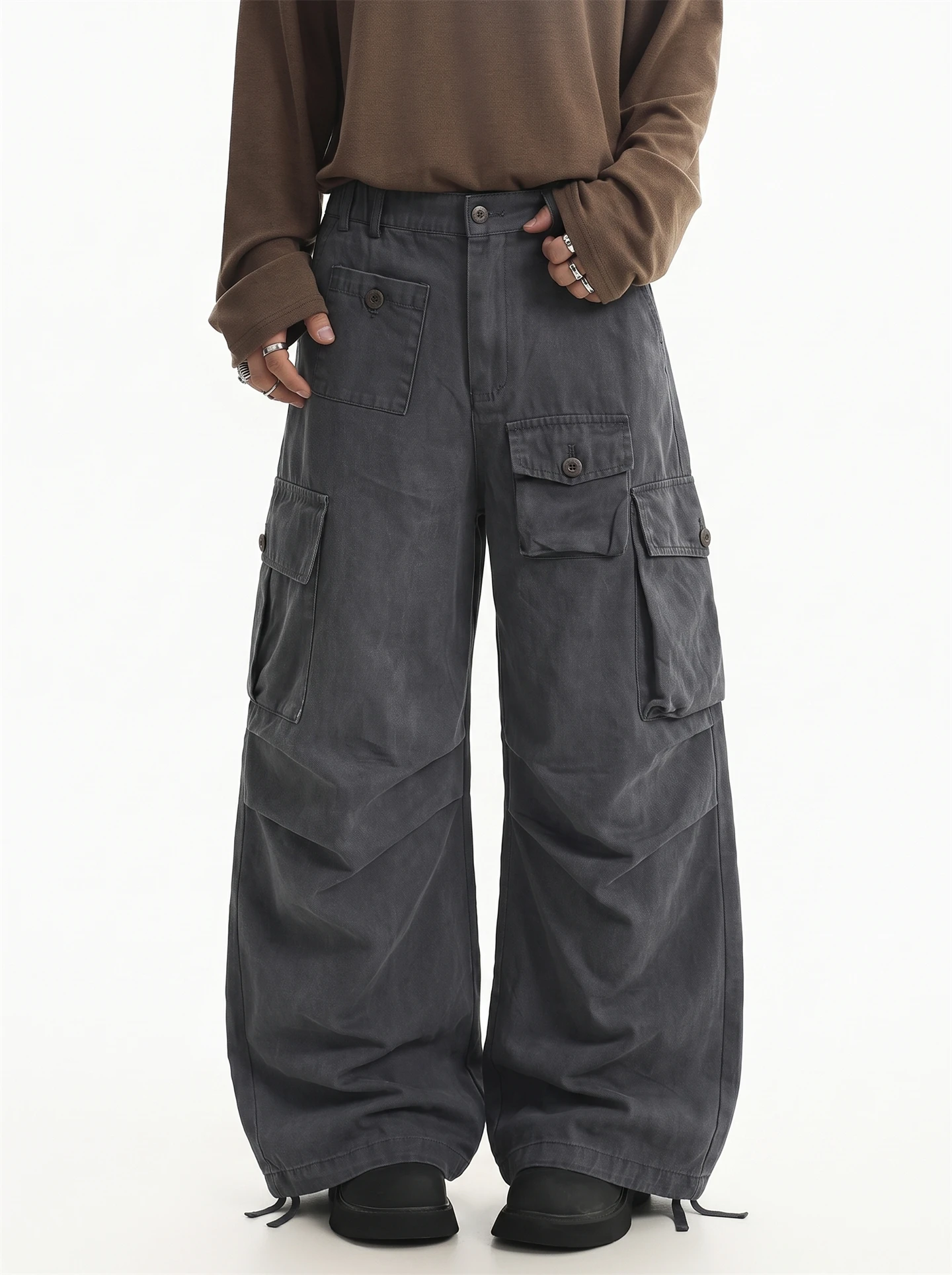 American Style Casual Pants Men's Loose Straight Leg Pants Autumn New Style Multi-Pocket Design Folded Line Workwear