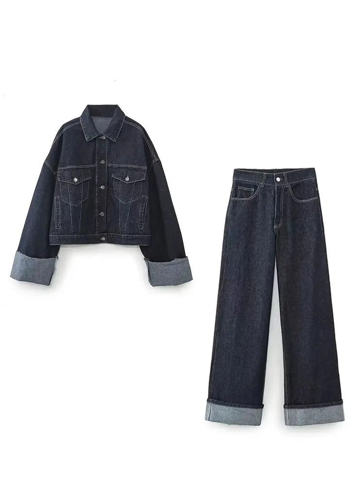 Autumn Fashion Women Denim High Waist Wide Leg Pants+Female Long Sleeve With Flap Pockets Cropped Coat Two Pieces Set