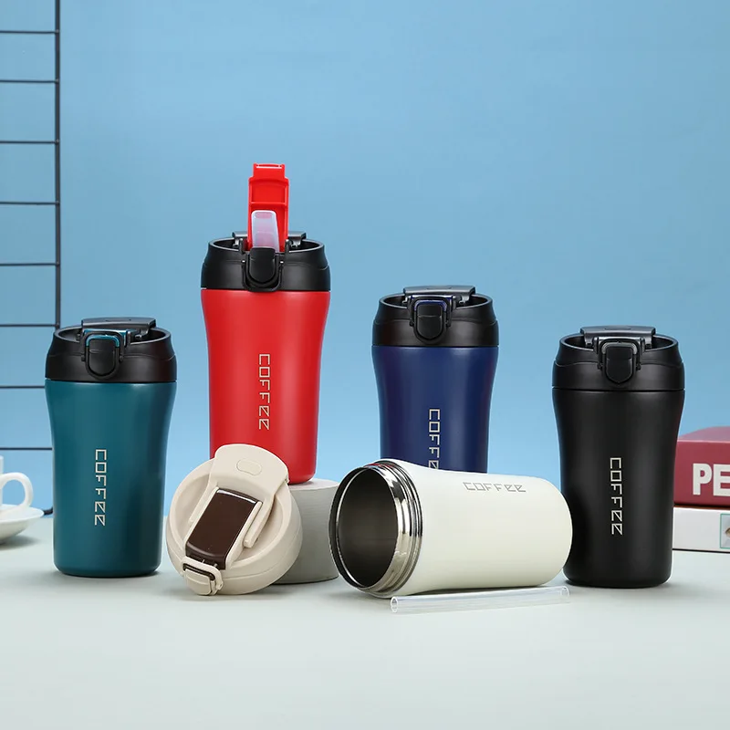 

Double Stainless Steel Vacuum Flask with Straw, Thermal Coffee Cup, Milk Thermos Cups, Travel Mug, 400ml