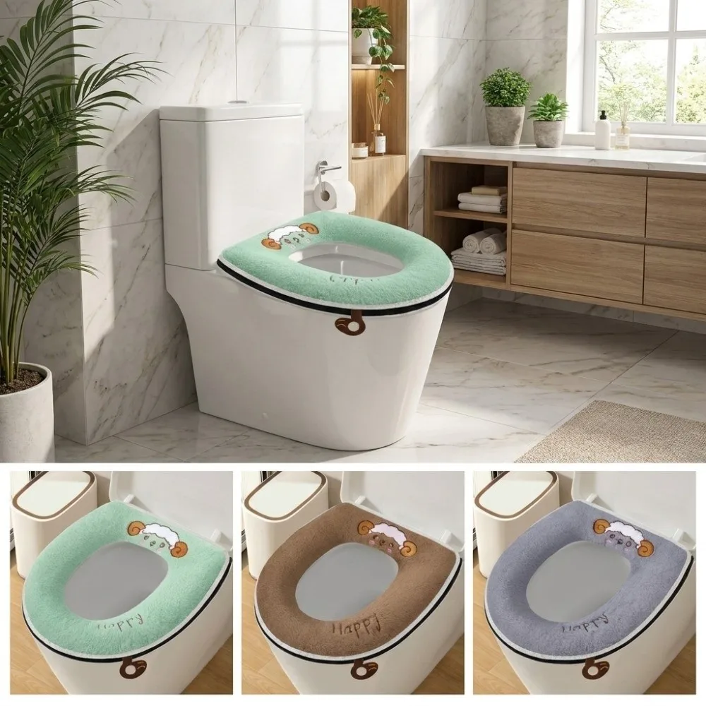 Universal Warm Zippered Toilet Seat Cover Soft Thick Toilet Gasket Removable Cartoon Toilet Mat RV Bathroom