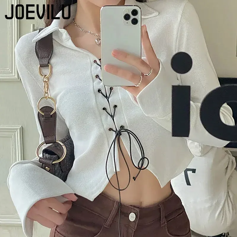 JOEVILU Bandage T-shirt Polo Neck Irregular CropTop Babes Korean Slim Long Sleeve Tee Vintage Gothic Y2k Clothes Skinny Shirt