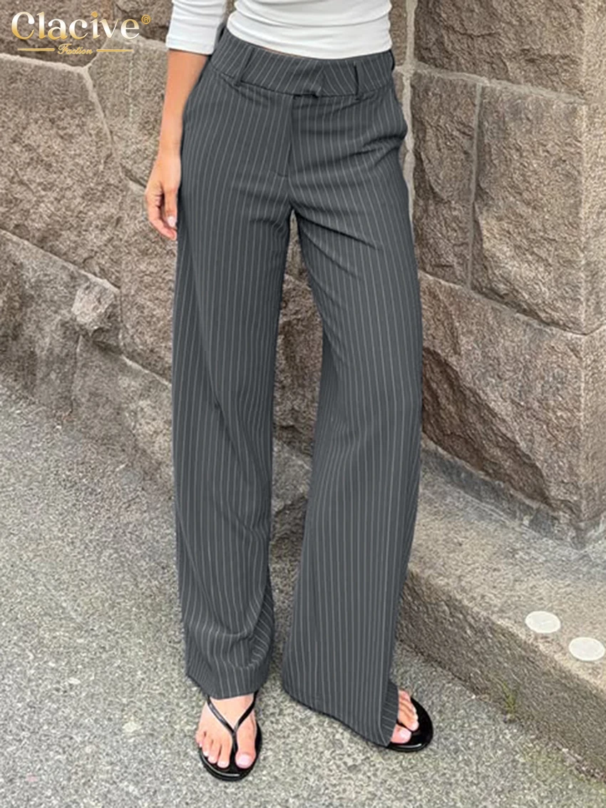 Clacive Spring Loose Gray Stripe Office Women Pants 2027 Fashion High Waist Wide Trousers Elegant Classic Pants Female Clothing