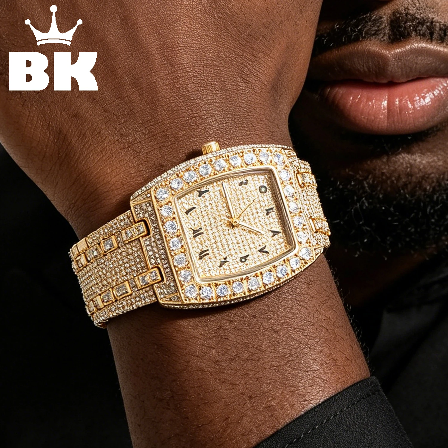 THE BLING KING Full Paved Austrian Rhinestone Tonneau Watch Mixed Numeral Calendar Hip Hop Watch Christmas New Year Gift for Men