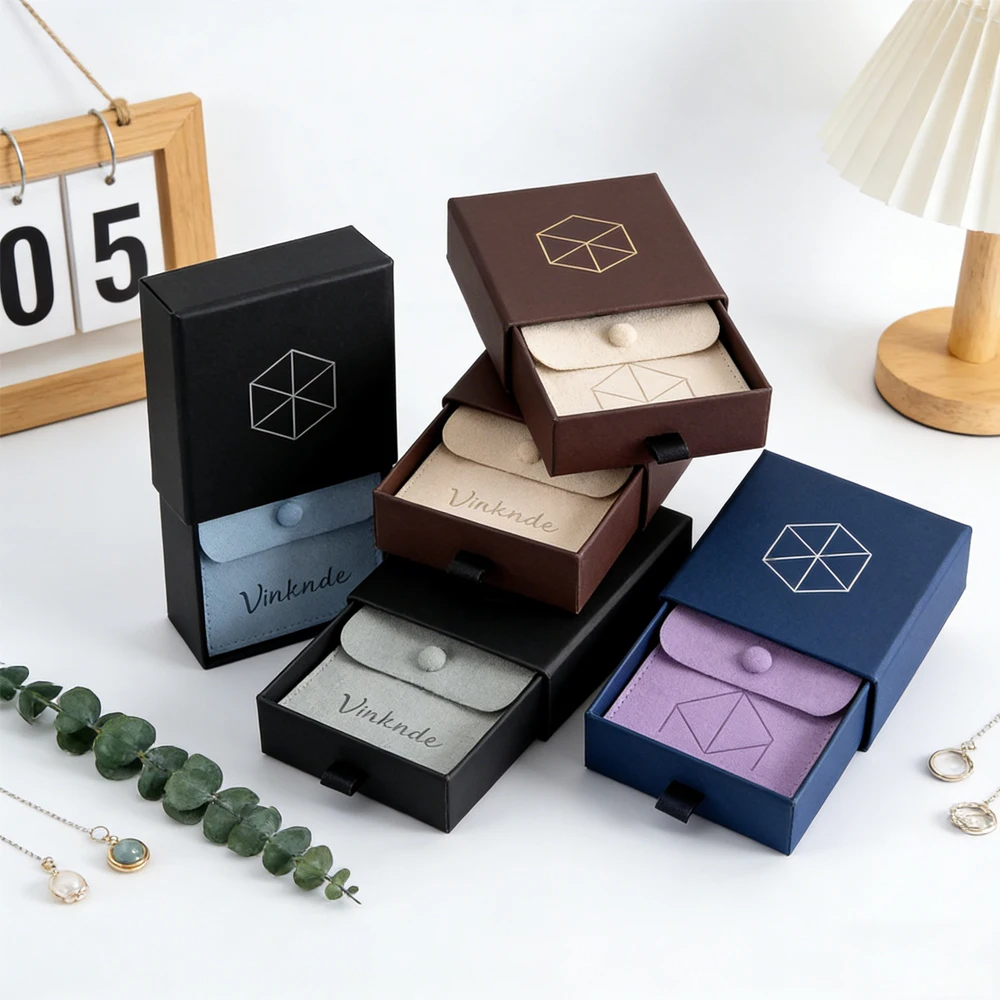 

24/50/100Pcs Custom Satin Pull Tab Cardboard Jewelry Gift Box for Earrings Ring Pendant Drawer Design with Microfiber Snap Bag