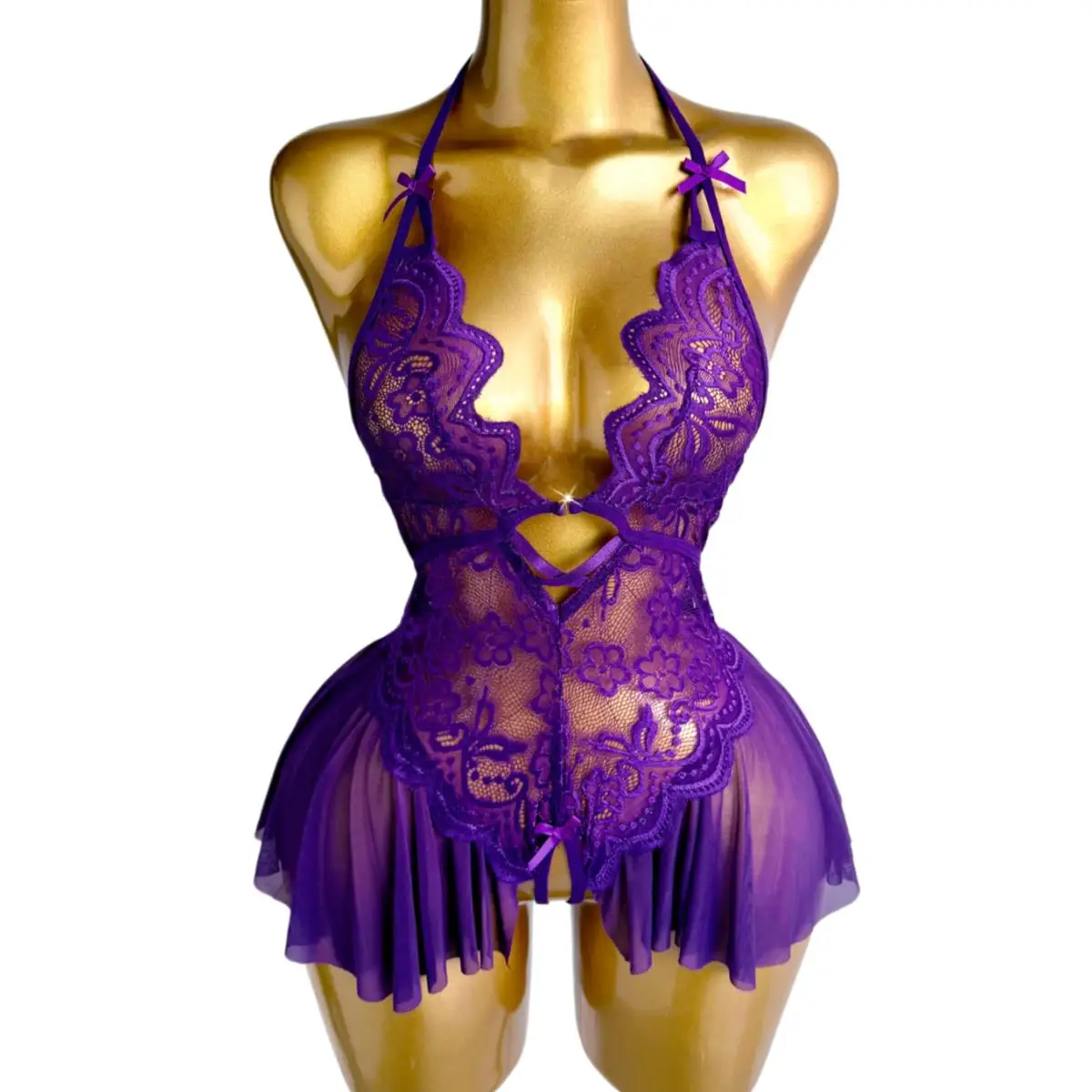 Women's Purple Lace Halter Teddy Lingerie Sheer Mesh Open Crotch Bodysuit Halter Neck Deep V-neck Pleated Hem Romantic Nightwear