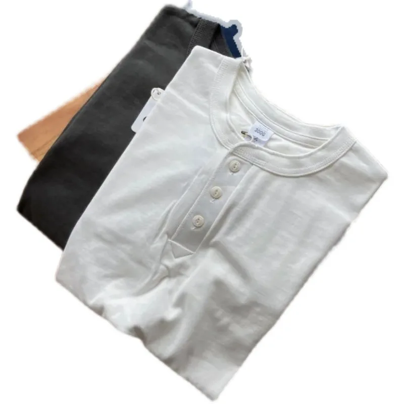 

Retro Henley Collar Men's T-Shirt 300g Heavyweight Fabric Simple All-Match Solid Color Daily Long-Sleeved Top