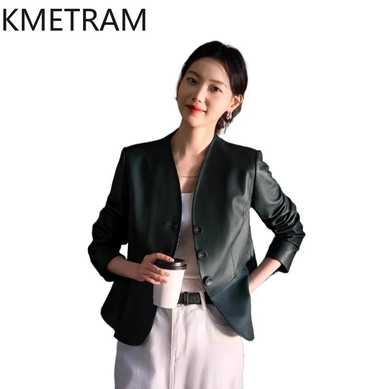 KMETRAM Genuine Sheepskin Leather Jacket Woman V-Neck Short Blazer Peacock Green Real Leather Jackets Fall Woman Clothes 2026 자켓