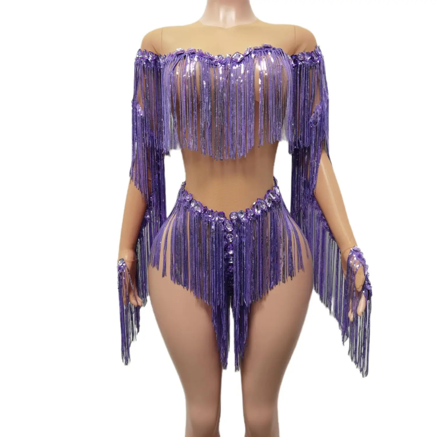 Shiny Crystal Stones Sequin Fringes Bodysuit Tassel Bodysuits Women Sexy Party Birthday Jumpsuit Stage Performance Dance Costume