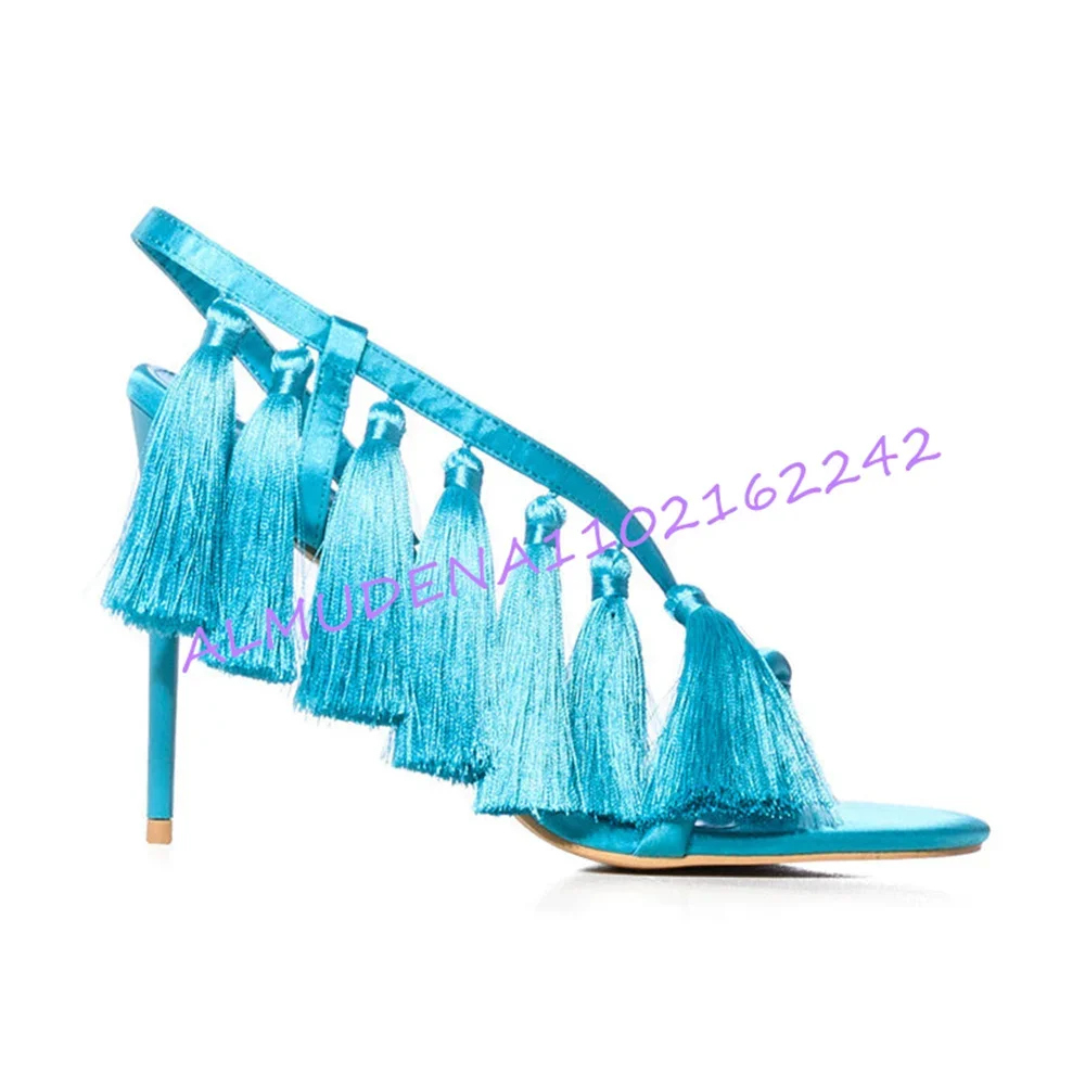 Women Satin Tassel Decor Slingback High Heel Sandals Open Square Toe Thin Stiletto Heel Slip On Mules Summer Stiletto Footwear