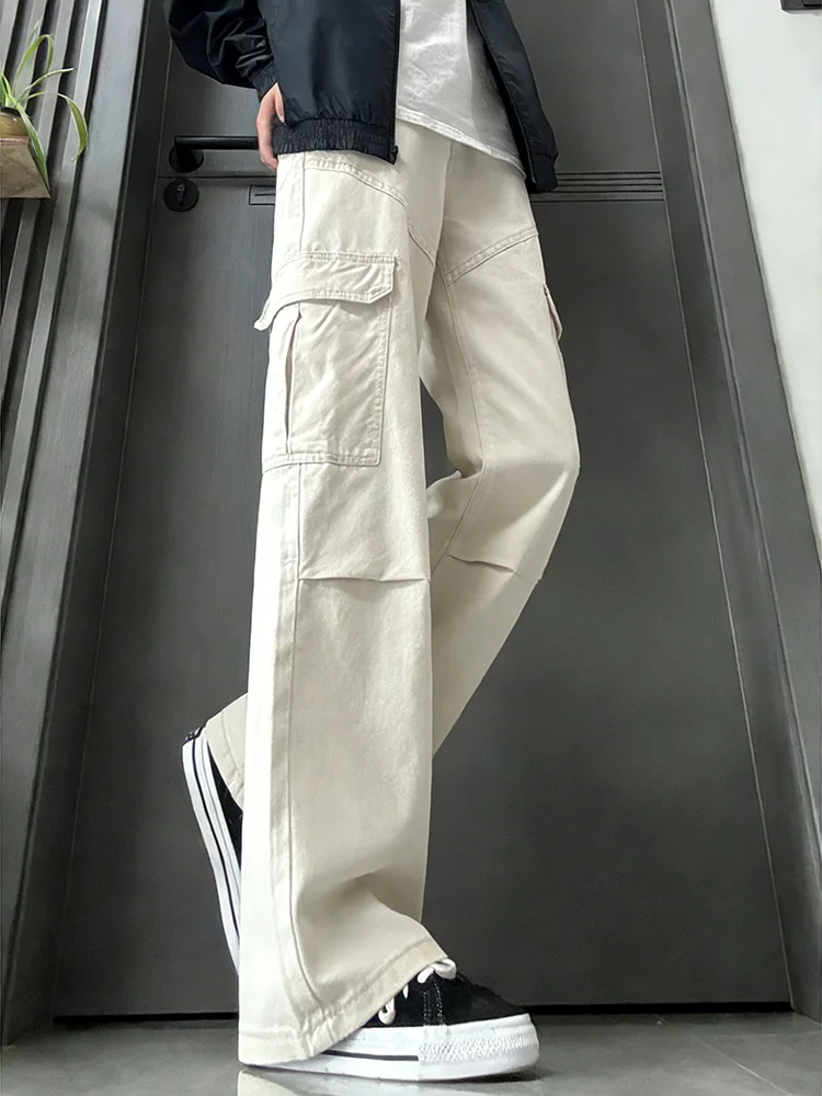 

American Sle Folded Paratrooper Workwear Jeans Men's Design Sensation High Street Logging Pants Elastic Loose Straight Leg ...