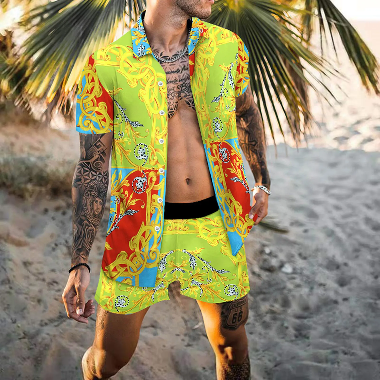 Summer Vintage Men\'s Shirt Set Short sleeve Shirt Shorts Casual Travel Print Beach Men\'s Hawaiian 2-piece suit S-3XL