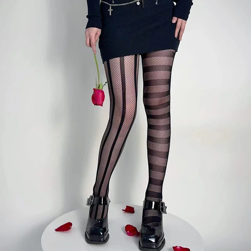 Stripe Asymmetric Tights Women's Pantyhose High Elasticity Lace Hollow Fishnet Sexy Stockings Classic Ladies Gothic Pantyhose