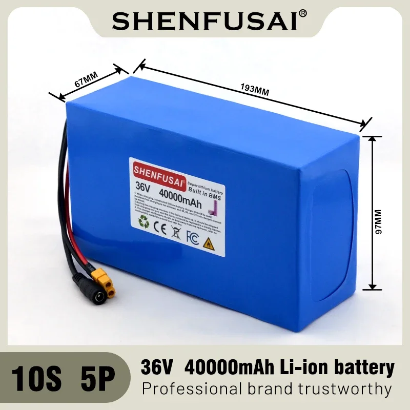 10s5p 36v 40ah 18650 high-power rechargeable lithium battery DC + charger, used for electric motorcycles,bicycles