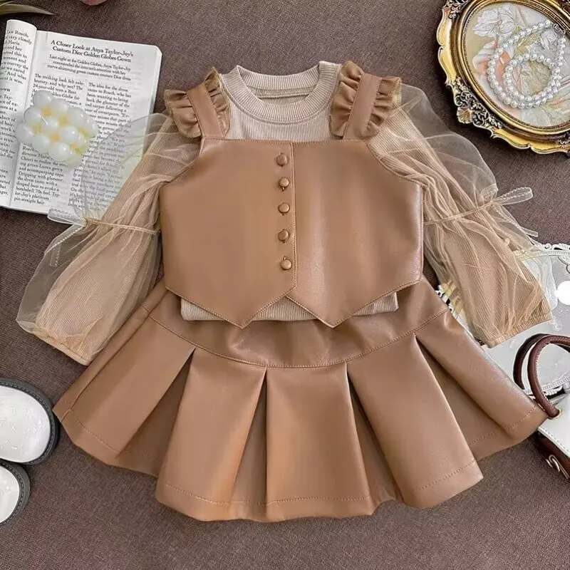 Children Autumn Winter New Style Long Sleeve Sweater Vest PU Leather Short Skirt Girls Three Piece Set