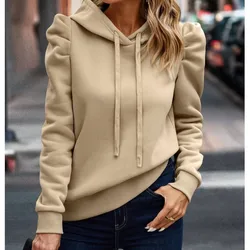 Ladies Elegant Puff Sleeves Hoodie 2024 Autumn/Winter New Fashion Hooded Solid Color Long Sleeved Casual Women's Sweatshirt Tops