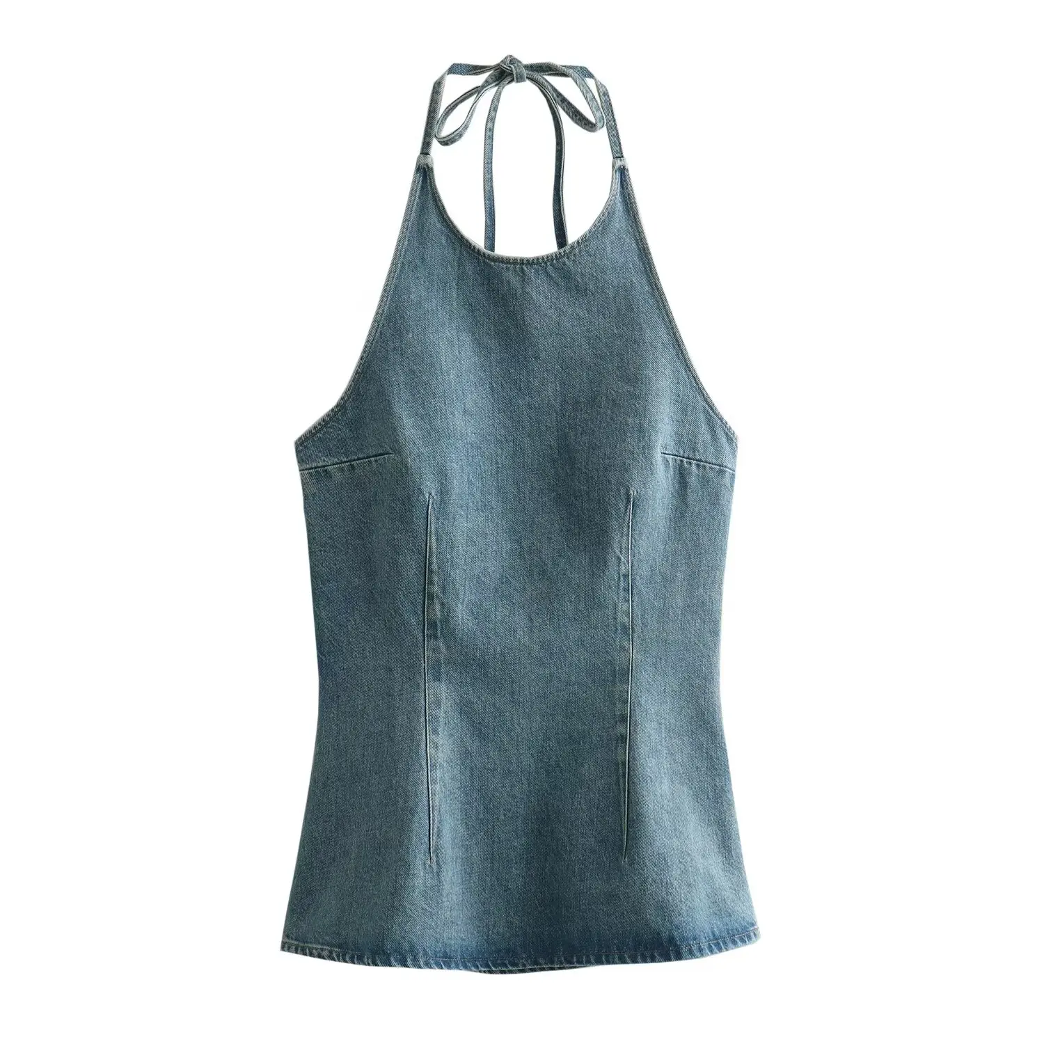 2024ZAR Spring/Summer New Women\'s Fashion and Versatile French Minority Neck Sleeveless Denim Casual Top