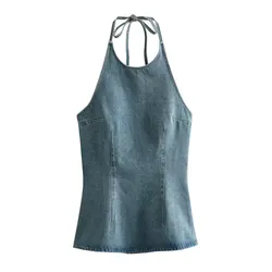 2024ZAR Spring/Summer New Women's Fashion and Versatile French Minority Neck Sleeveless Denim Casual Top