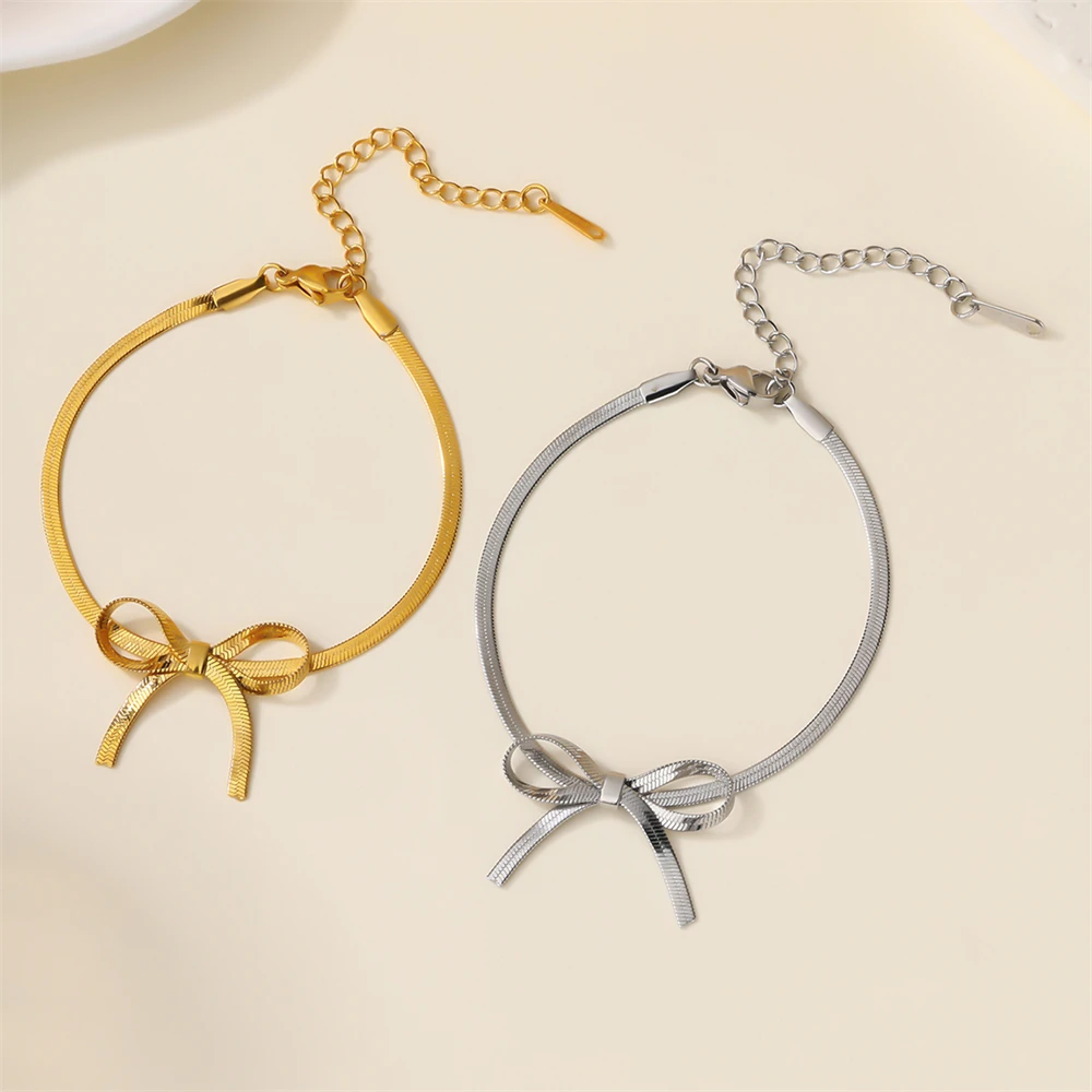 Stainless Steel Bowknot Bracelet For Women Minimalist Gold Silver Color Snake Chain Bracelet Simple Fashion Jewelry Girls Gift