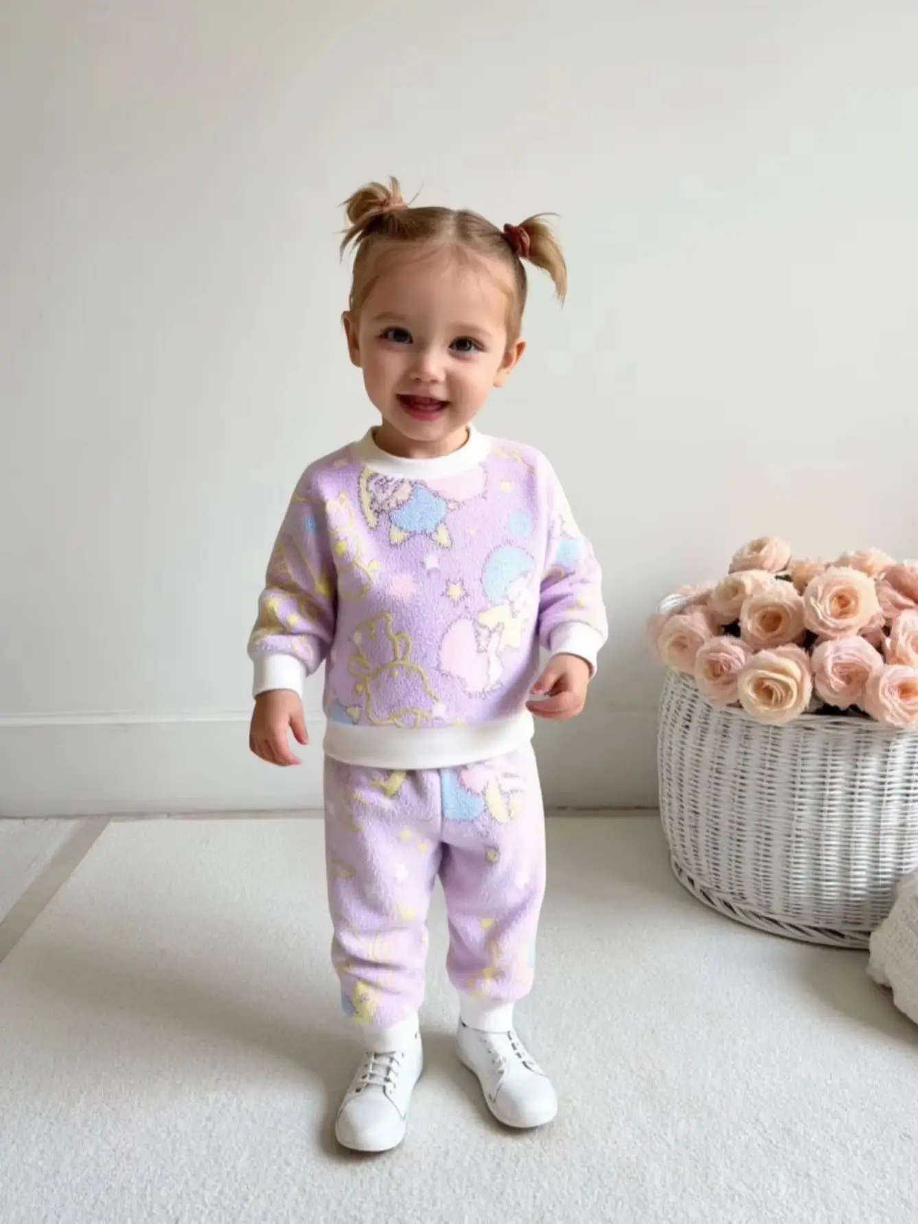2Pcs Baby Girls Winter Casual Outfit Sets, Ribbed Crew Neck Long Sleeve Top & Pants, Random Cartoon Print