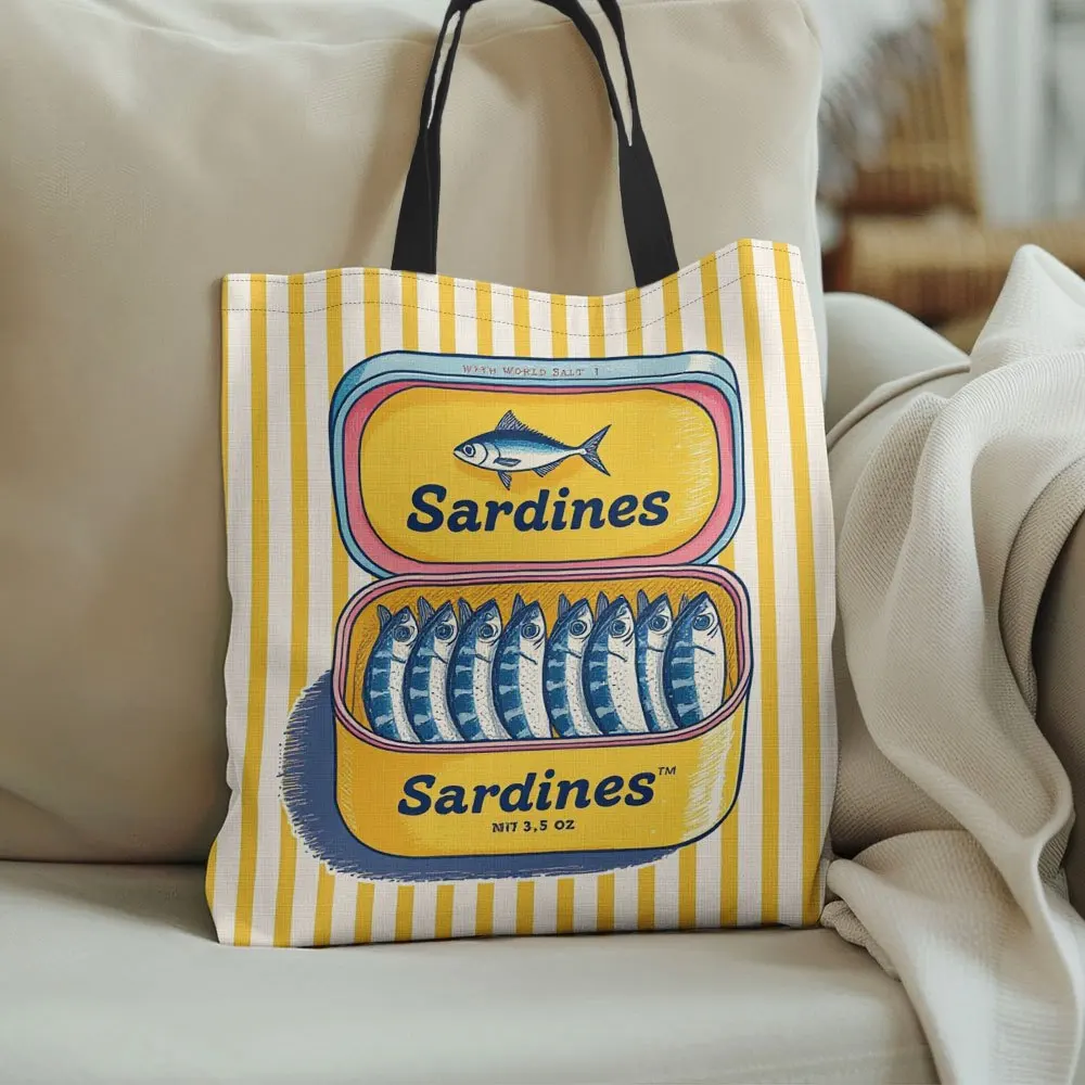 Bolsa de mano con diseño de sardinas, bolsa de viaje y comestibles de poliéster reutilizable con ilustración de peces azules, rayas amarillas, 1 ud.