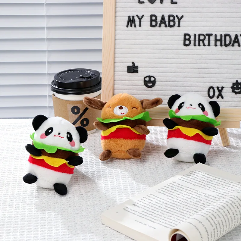 Nieuwe Schattige Hamburger Panda Hond Pluche Speelgoed Pop Sleutelhanger Cartoon Zachte Pluche Hond Pop Rugzak Hanger Verjaardagscadeaus