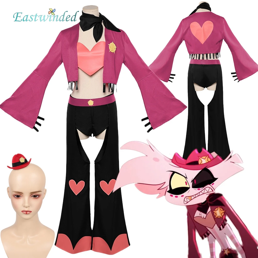 Hell Inn Angel Dust Cosplay chaqueta roja corazón rosa Top pantalones sombrero rojo sombreros abrigo disfraz conjunto Halloween carnaval fiesta ropa