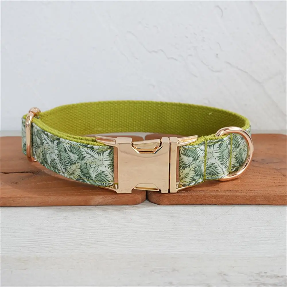 Personalized Dog Collar with Free Engraving, Matching Pet Leash,Customzied Contacts Metal Buckle, Jungle Forest  Collar