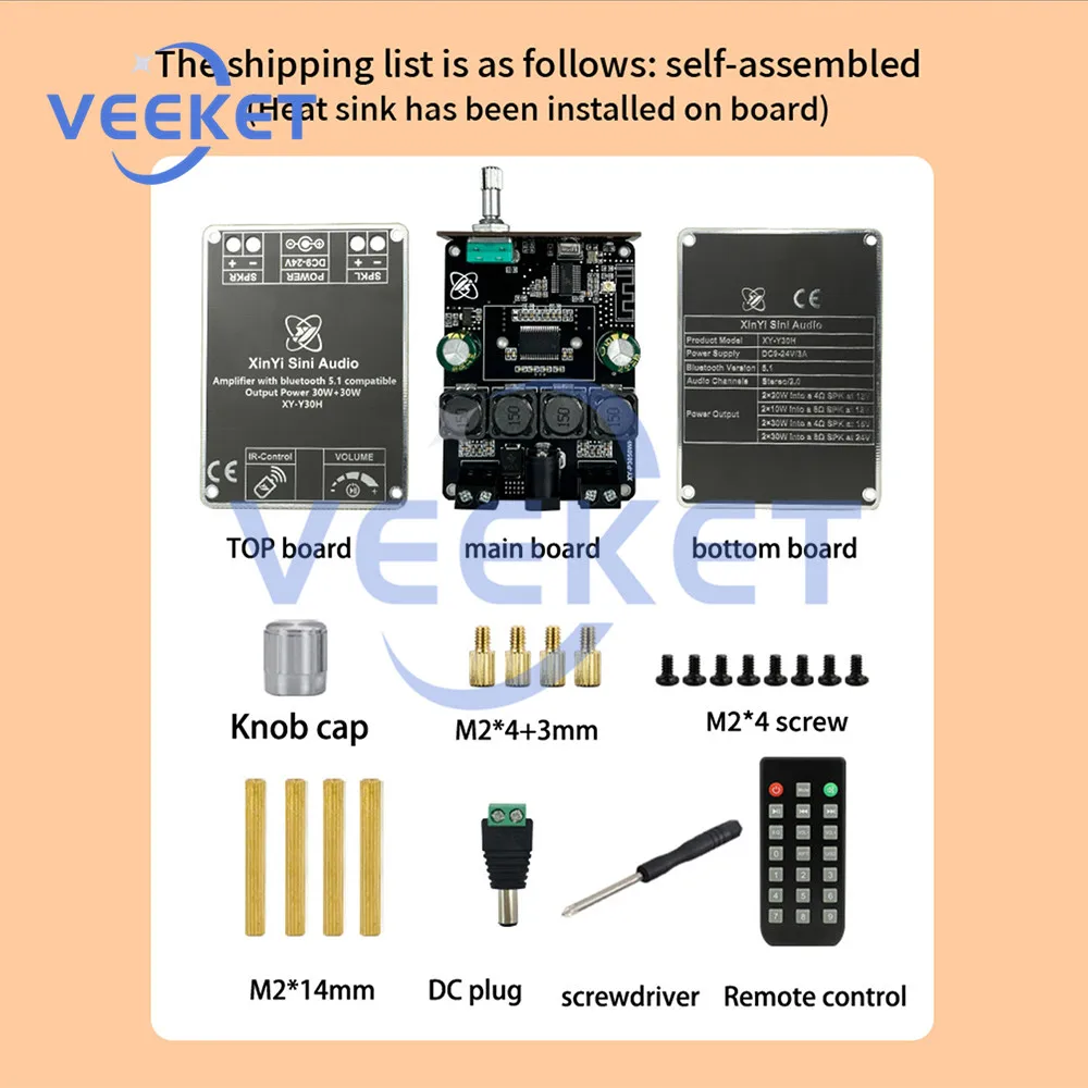 XY-Y30H BT 5.1 Audio Amplifier Board Stereo 2.0 DC9-24V/3A Short Circuit Thermal Protection Support External Antenna Encoder