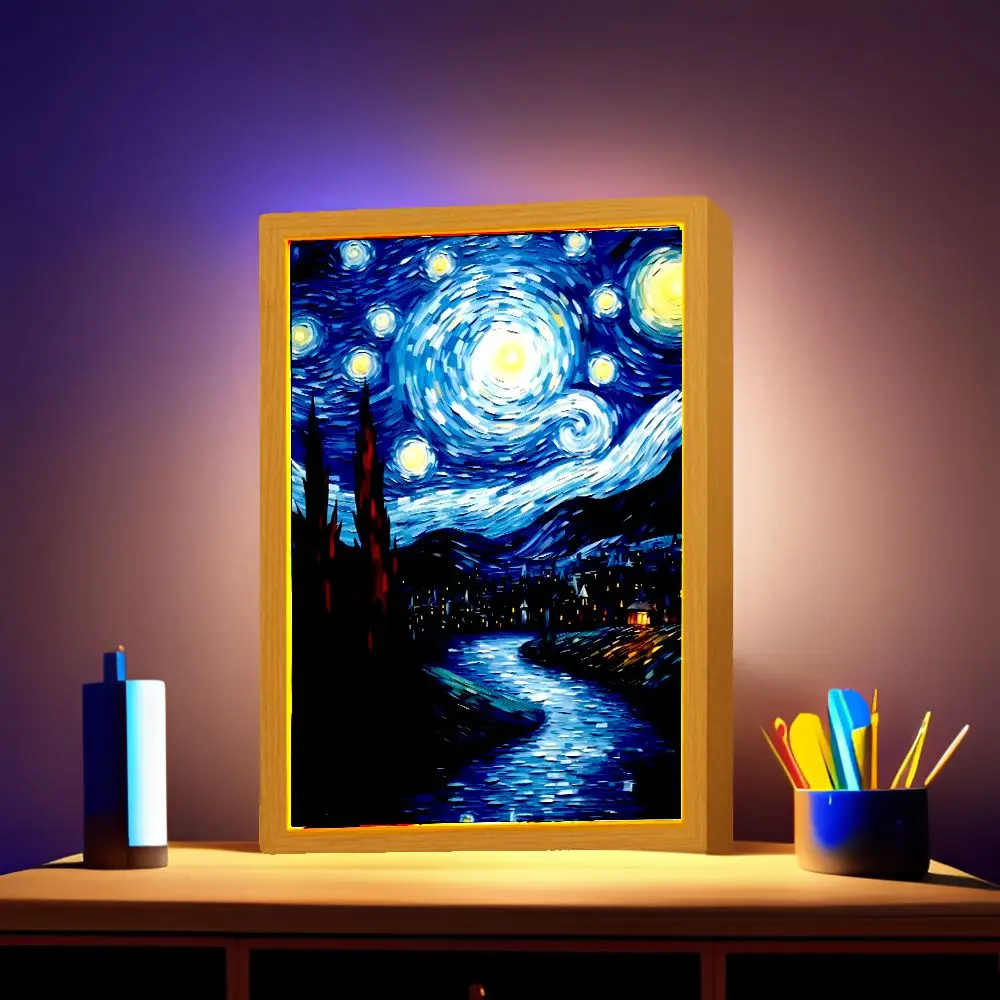 Light Painting Photo Frame Van Gogh Astral Art Led Night Light Bedside Tabe Lamp Room Home Desk Decor Christmas Gifts Moon Lamp