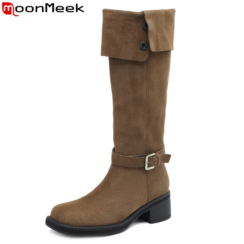 

MoonMeek 2023 New Top Sale Cow Suede Leather Slip On Boots Square Med Heels Winter Boots Ladies Square Toe Knee High Boots