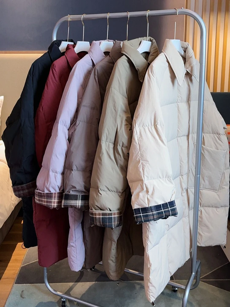 Winter Long Splice Cloak Down Jacket Female Single Breasted Knee Length Jackets Women White Duck Down Big Pocket Parker Outwears