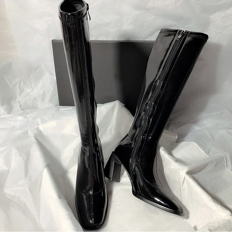 7CM Patent Leather High Heels Long Boots Women Autumn Square Toe Knee-high Botas Woman Side Zipper Thick Heeled Shoes Femme 39