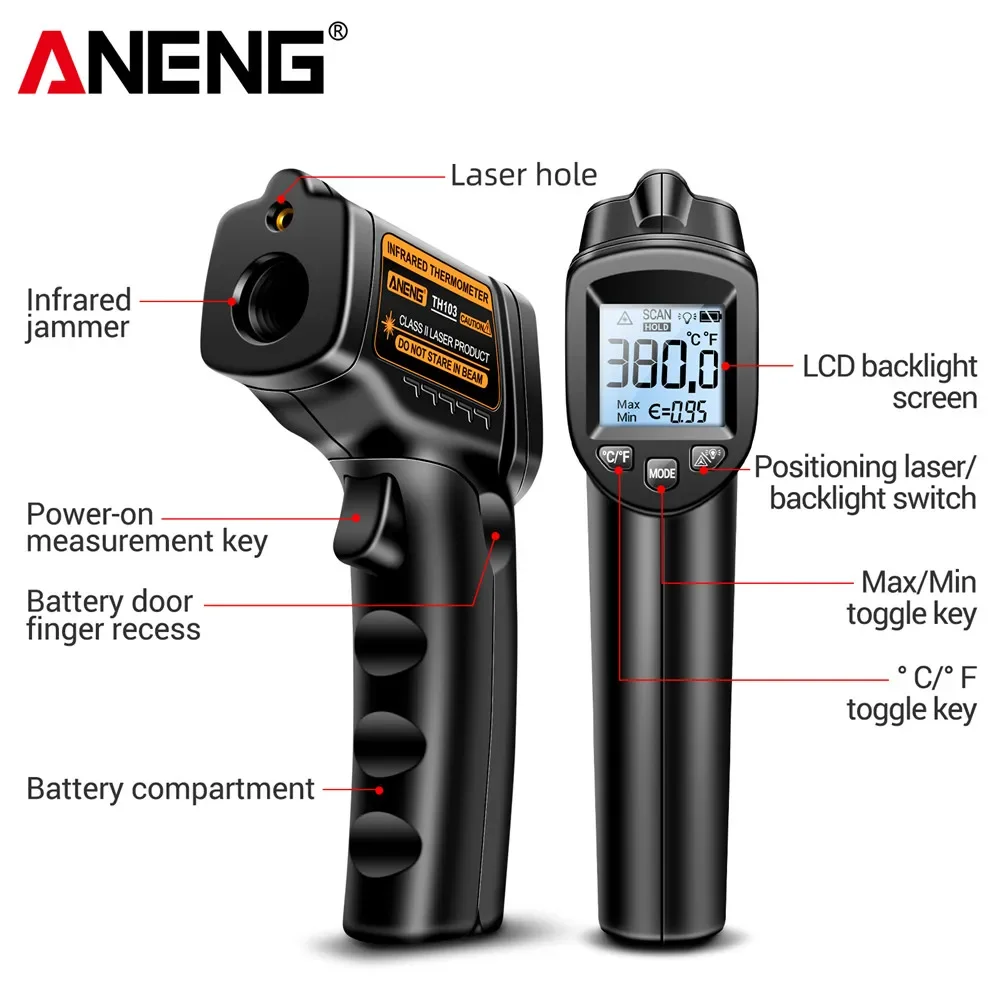 ANENG TH103 cyfrowy termometr Laser podczerwony przemysłowy pistolet do pomiaru temperatury z ekranem podświetlenia