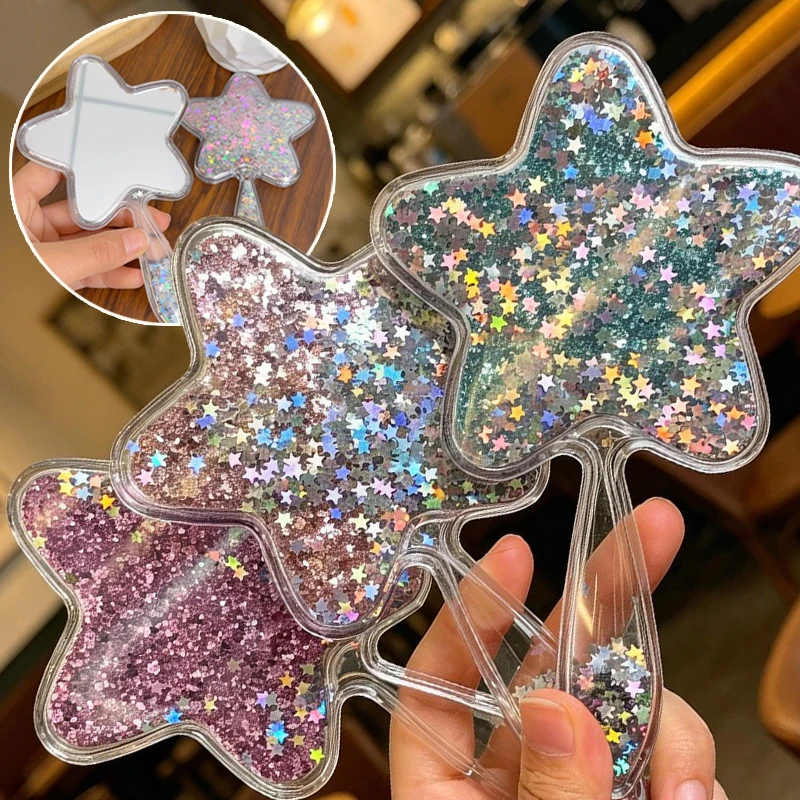 Floating Five-pointed Sequined Handheld Makeup Mirror Cute Fun Blue Pink Plastic Mirrors Lightweight and Portable Makeup Tools