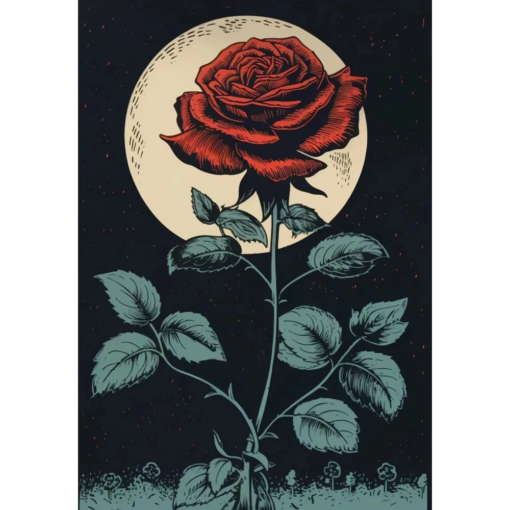 Vintage Dark Paper Jigsaw Puzzle Moon Night Scenery Red Rose Street Lamp Art Puzzle Stress‑Relief Home Decor Intellectual Game