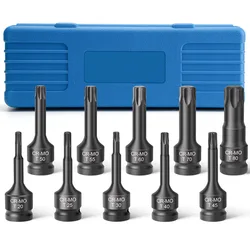 Drive Impact Torx Bit Set,Star Bit Sockets,Heavy Duty, Grade, Cr-Mo, T20 a T80 ABS, Sopro de armazenamento moldado, 1/2