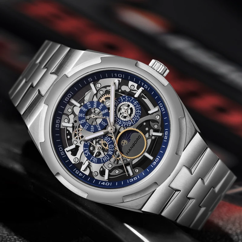 HANBORO メンズ自動腕時計 42 ミリメートルヴィンテージ機械式腕時計マルチダイヤル 50 メートル防水発光月週日付夜-日