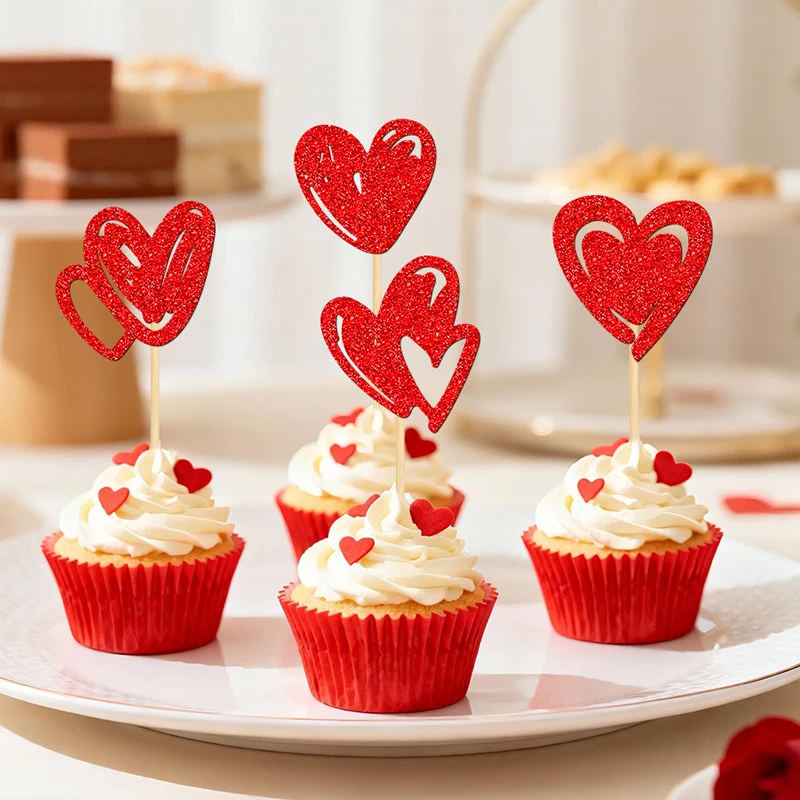 YOMDID 24 Stück Cupcake-Topper zum Valentinstag, glitzernde Cupcake-Topper mit doppeltem Herz, perfekt für Hochzeit, Party, Kuchendekoration, Zubehör