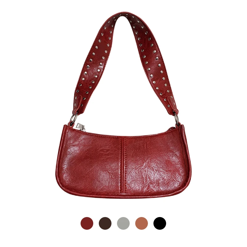 Bolsos de hombro para mujer, bolso rojo, bolso burdeos, bolso Y2k de los años 90, bolso de hombro tipo bandolera con tachuelas, bolso de cuero de moda
