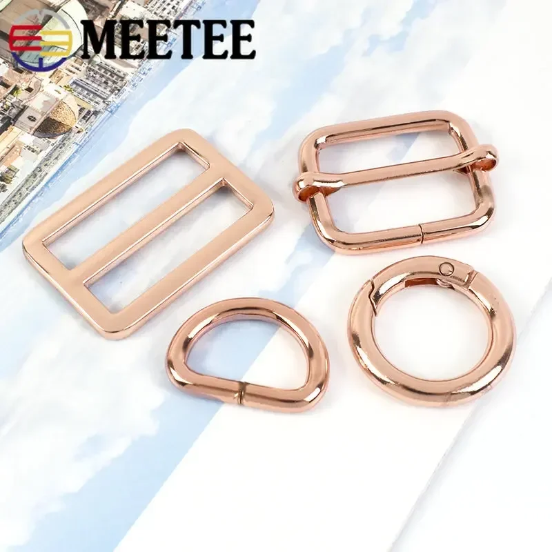 10Pcs RoseGold Bag Buckles Metal O D Ring Clip Clasp Tri Glide Slider Hook Backpack Belt Strap DIY Hardware Sewing Accessories