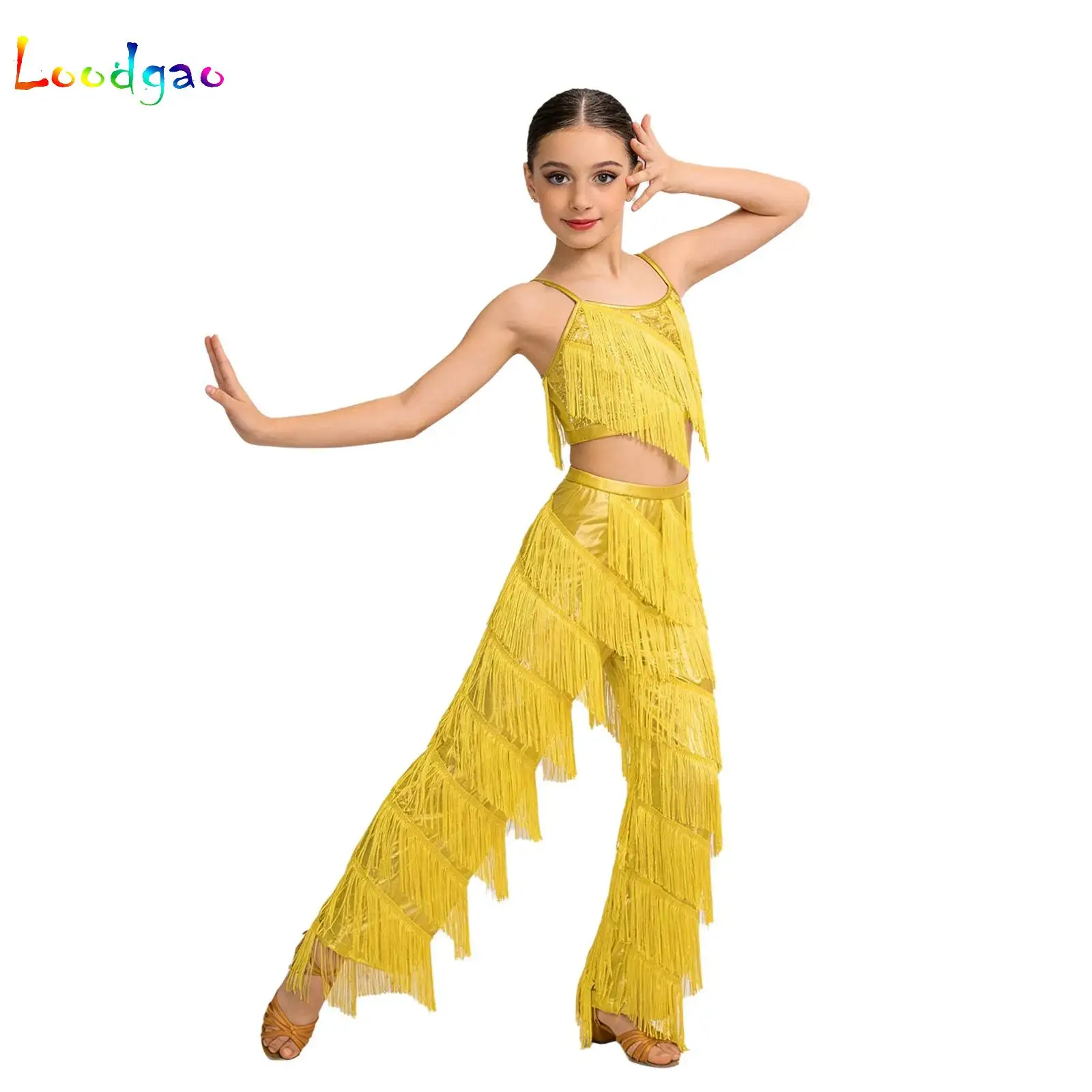 Latin Dance Dresses For Kids Girls 2-piece Ballroom Fringe Tassel Camisole Top with Pants Suit Metallic Salsa Samba Costume