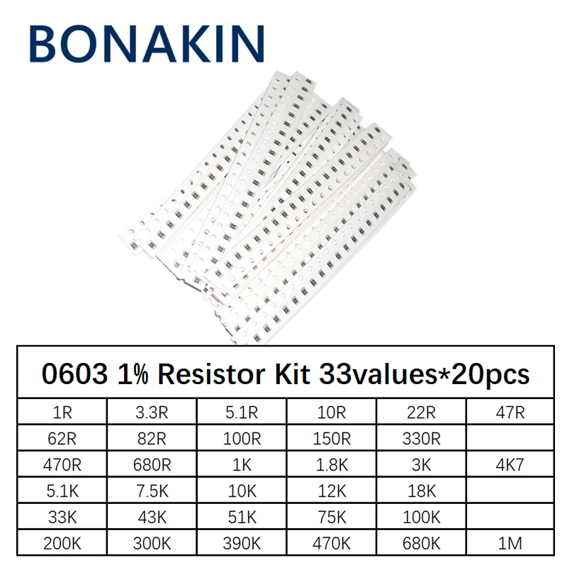 

Комплект резисторов 0603 SMD в ассортименте, 1 Ом-1М Ом 1% 33valuesX 20 шт. = 660 шт., набор образцов