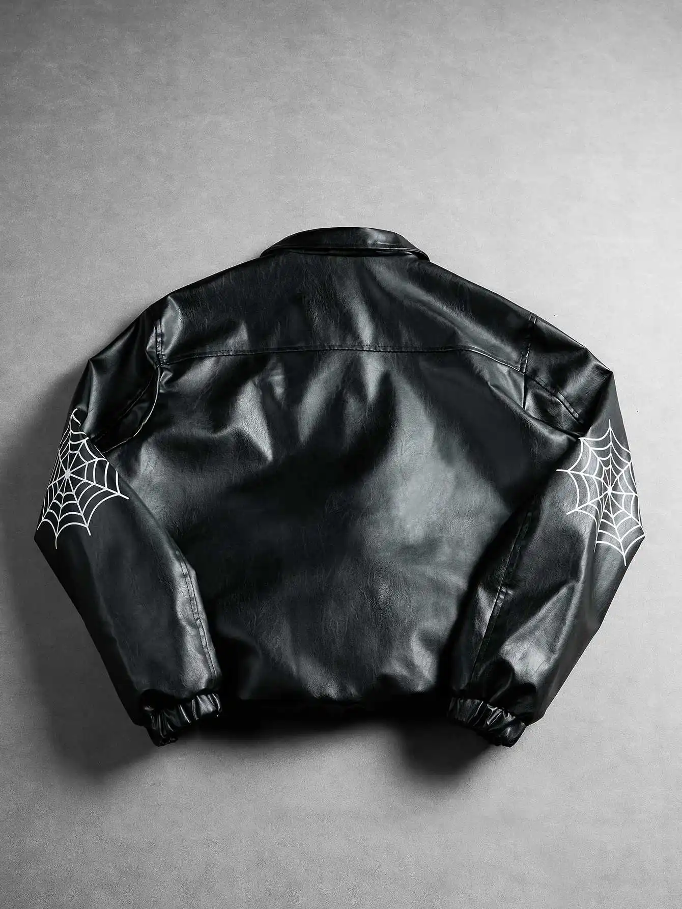 Men Lapel Casual Jacket, Big Spider Print on Chest, Spiderweb Pattern on Sleeves, Full Zipper Front, Elastic Cuffs, Side Pockets, Loose Fit, American Street Style Long Sleeve Outerwear