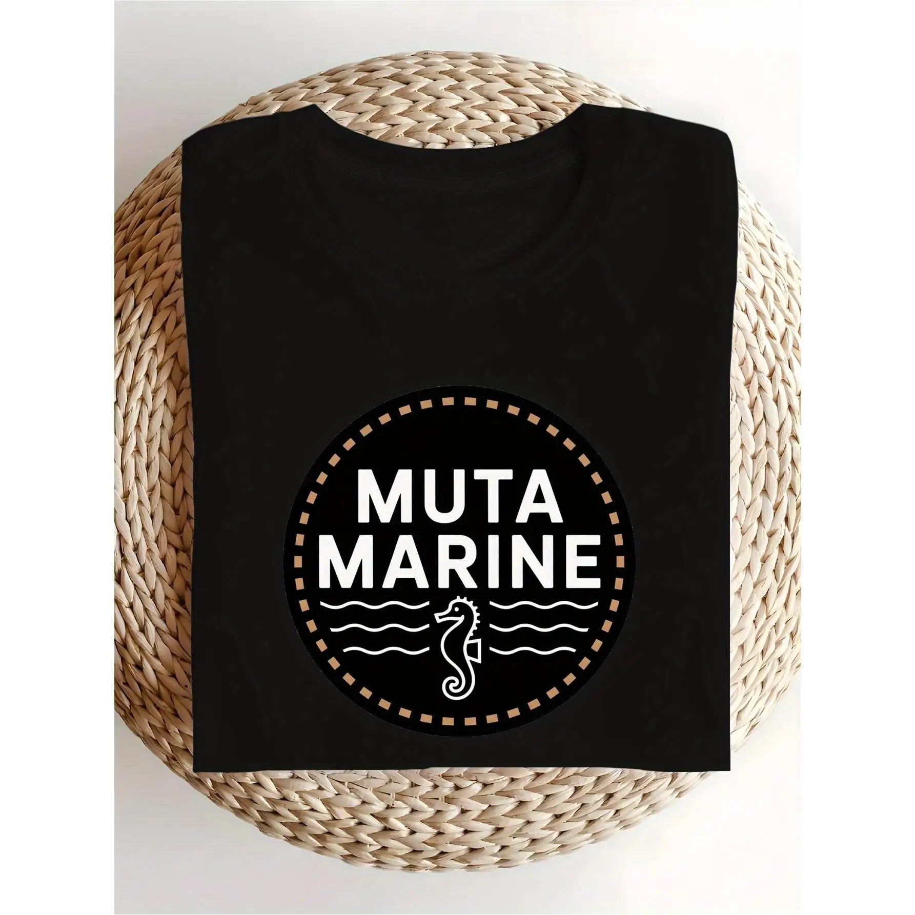

"Muta Marine" Graphic T-Shirt for Women, Casual Sea Horse Print Tops, Vintage Ocean Theme Tee for Beach Holiday