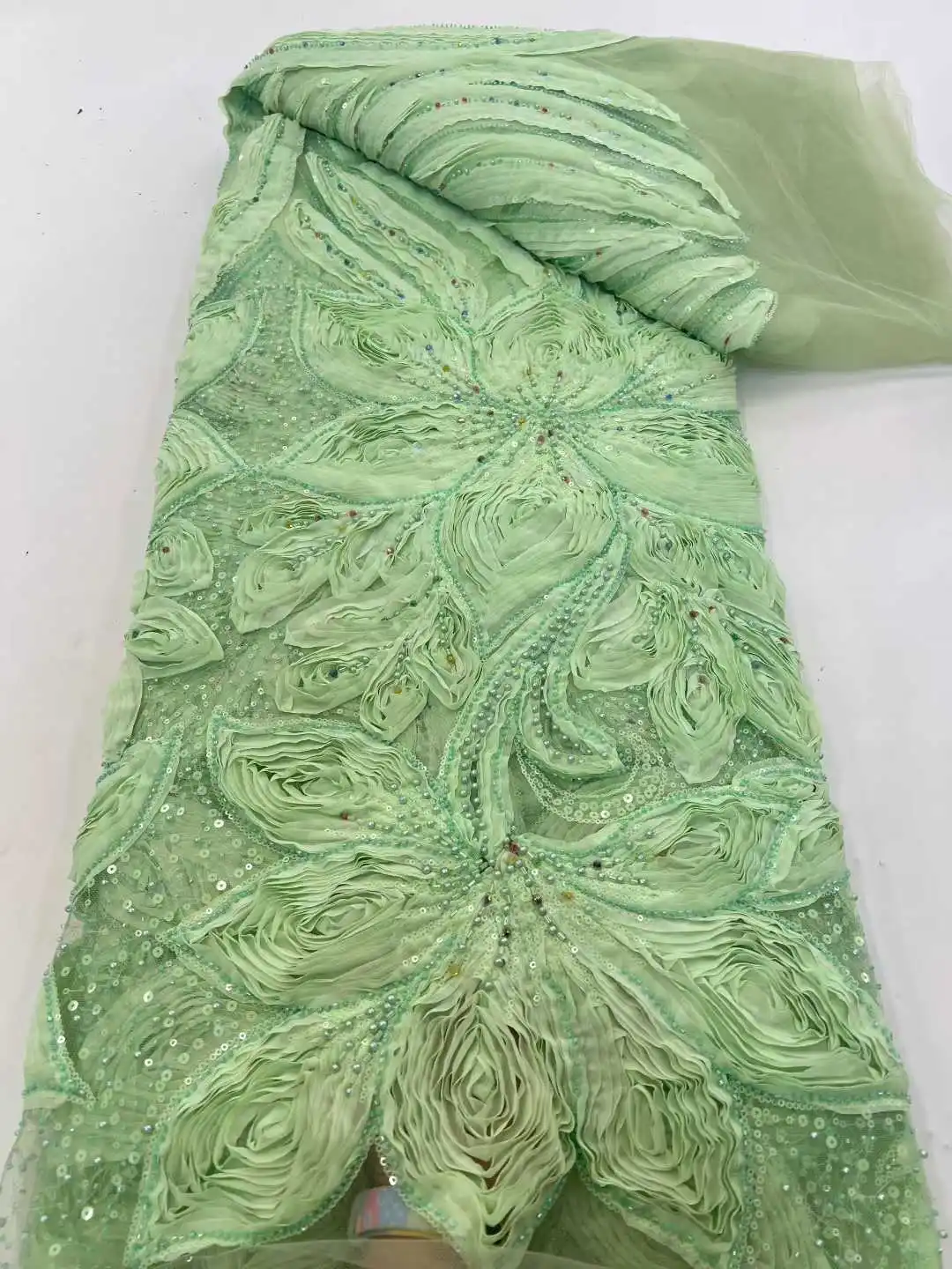 New African 3D Lace Fabric 5 Yards 2026 High Quality With Beads Embroidered Lace French Nigerian Sequins Lace Fabric For Wedding