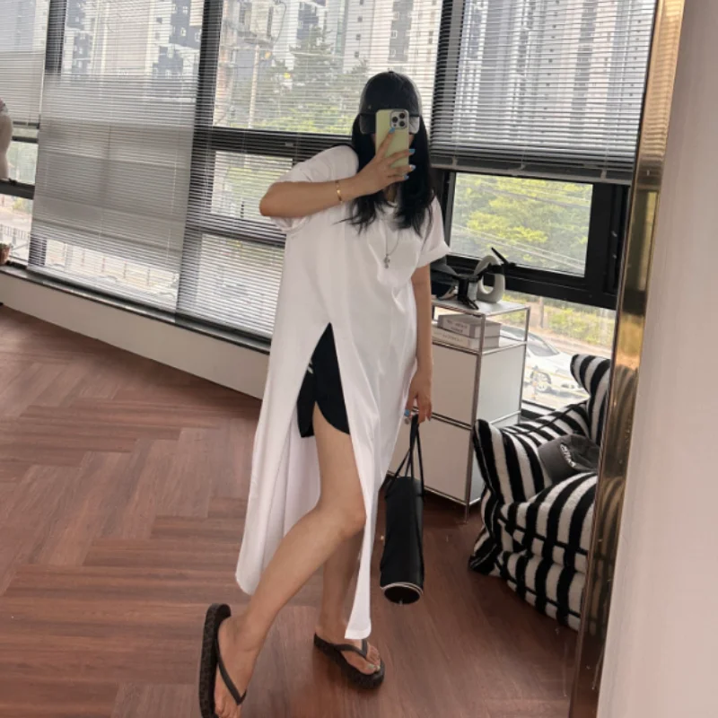 2026 Summer New Fashion Korean Style Side Slit Midi T-Shirt Loose Fit Short Sleeve Women's Daily Wear Casual Top
