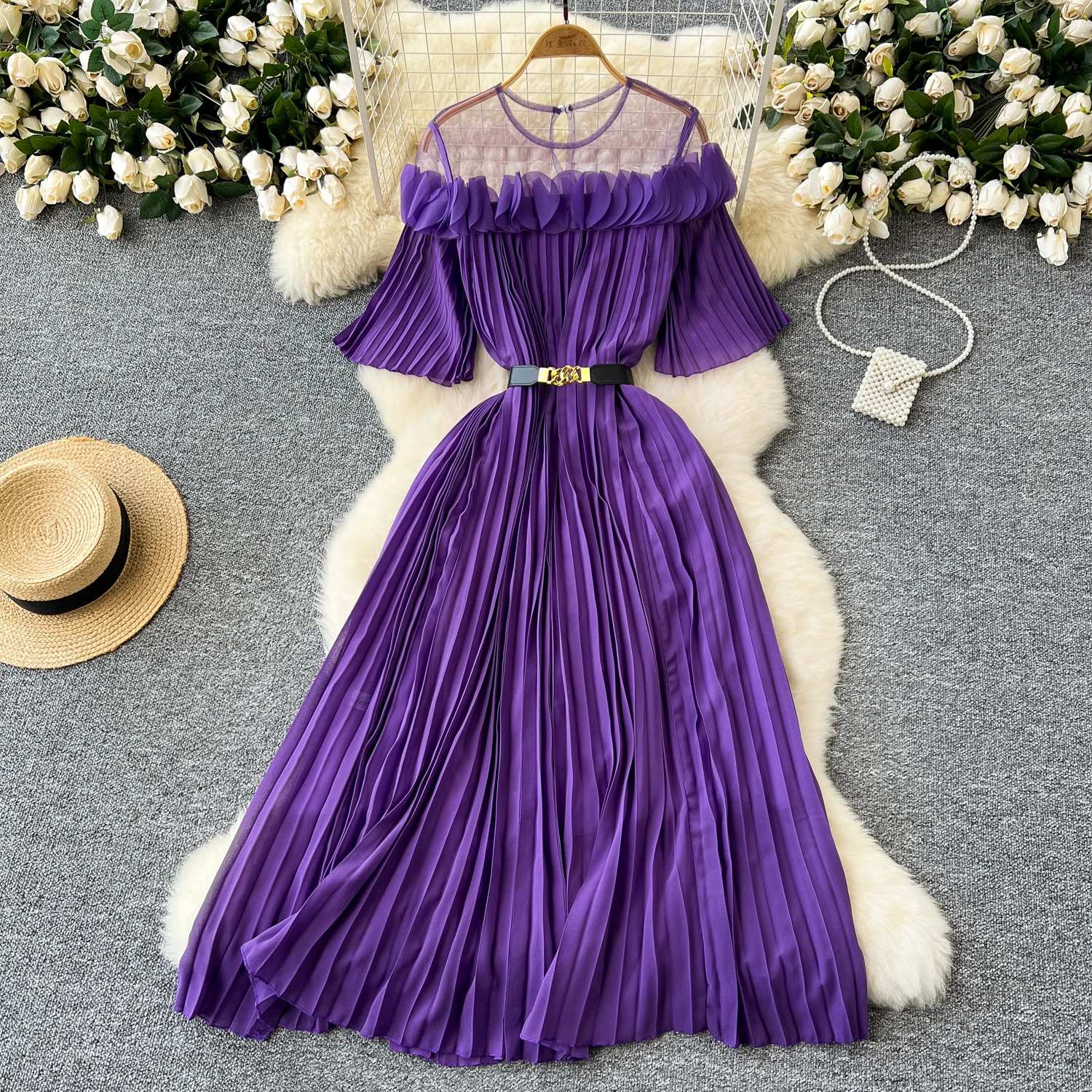 

French Retro Mesh Splicing Chiffon Pleated Dress for Women Casual 3D Petals Appliques Folds Loose Summer Dress With Belt