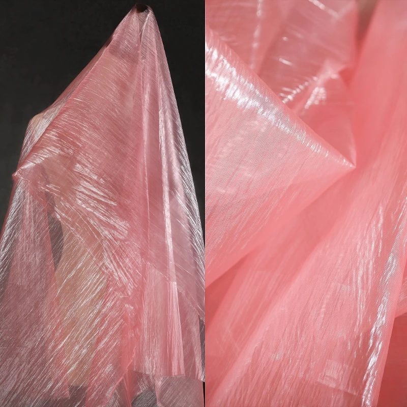 Pink Nylon Pleated Fabric with Micro Texture Perspective Yarn Formal Dress Fashion Creative Background Clothing Designer Fabric